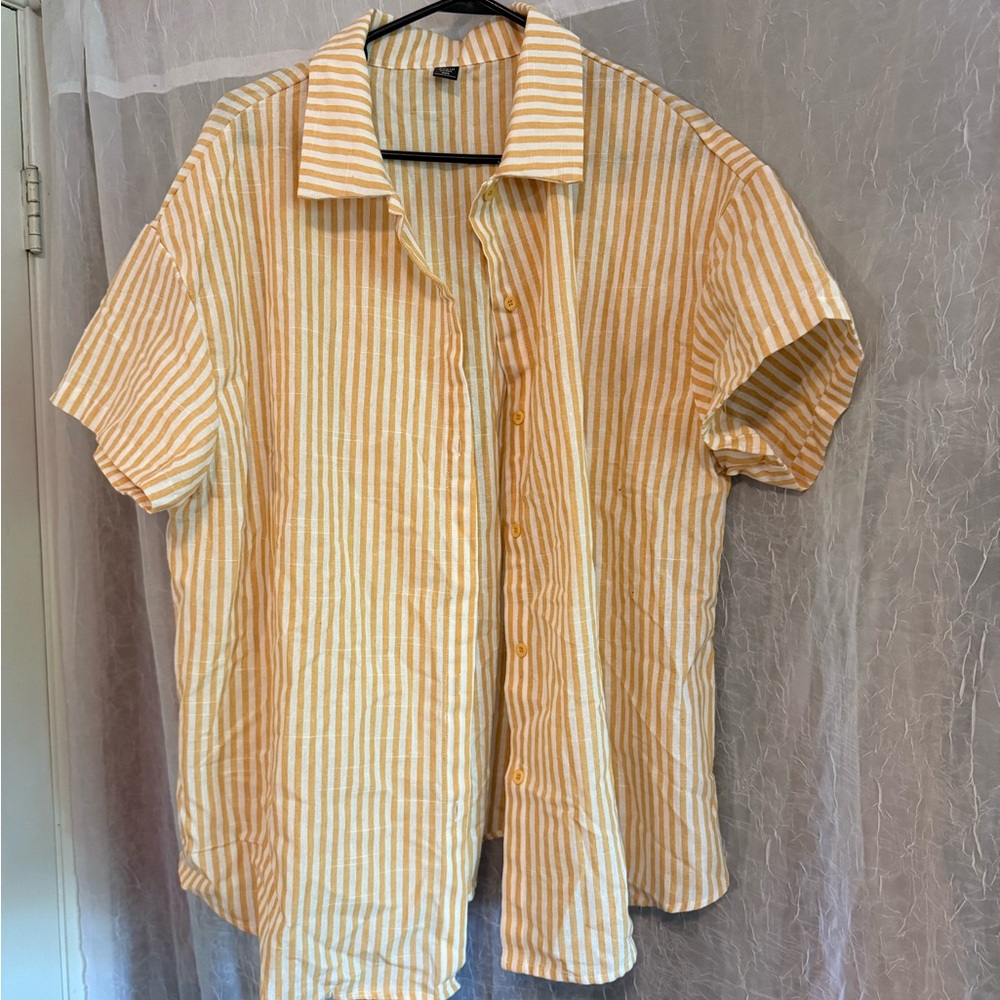 SHEIN Yellow and White Button Down Shirt Casual Top